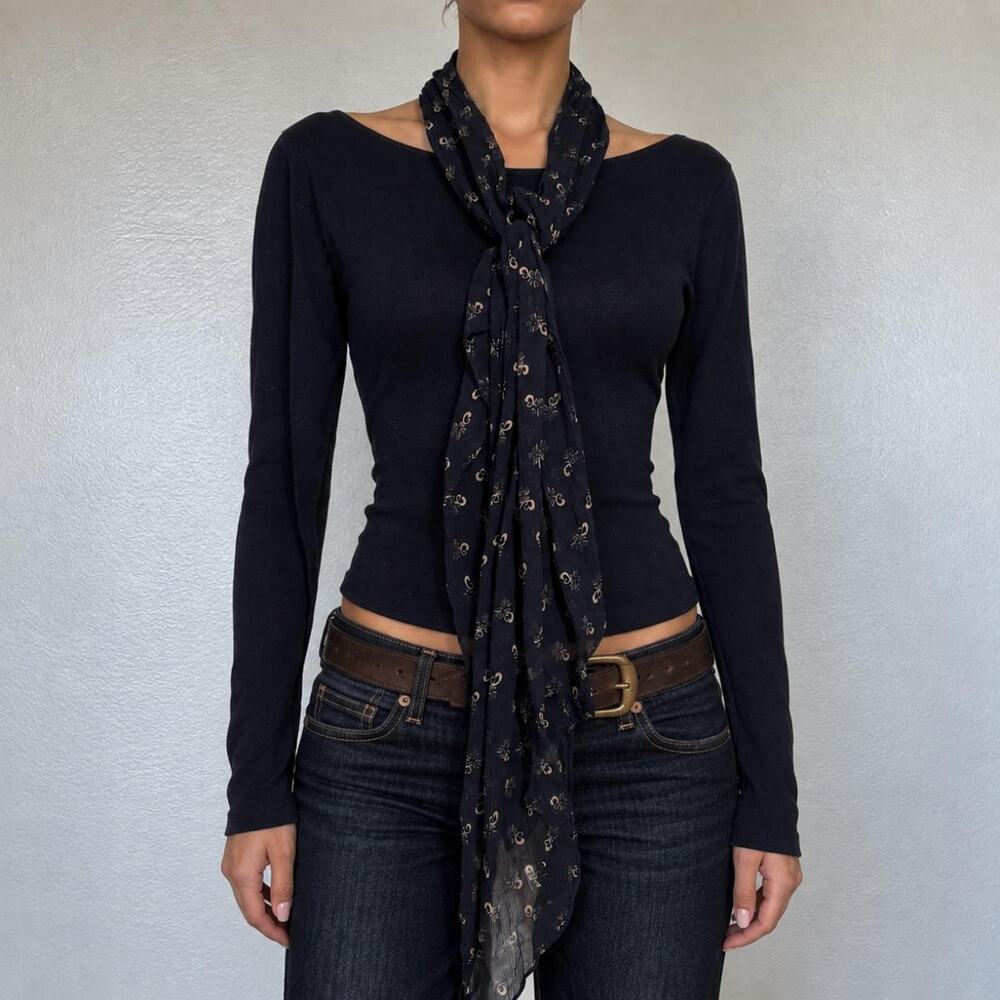 NWT Vintage 90s Ralph Lauren Navy Cotton Knit Top & Silk Scarf Set Size Petite S